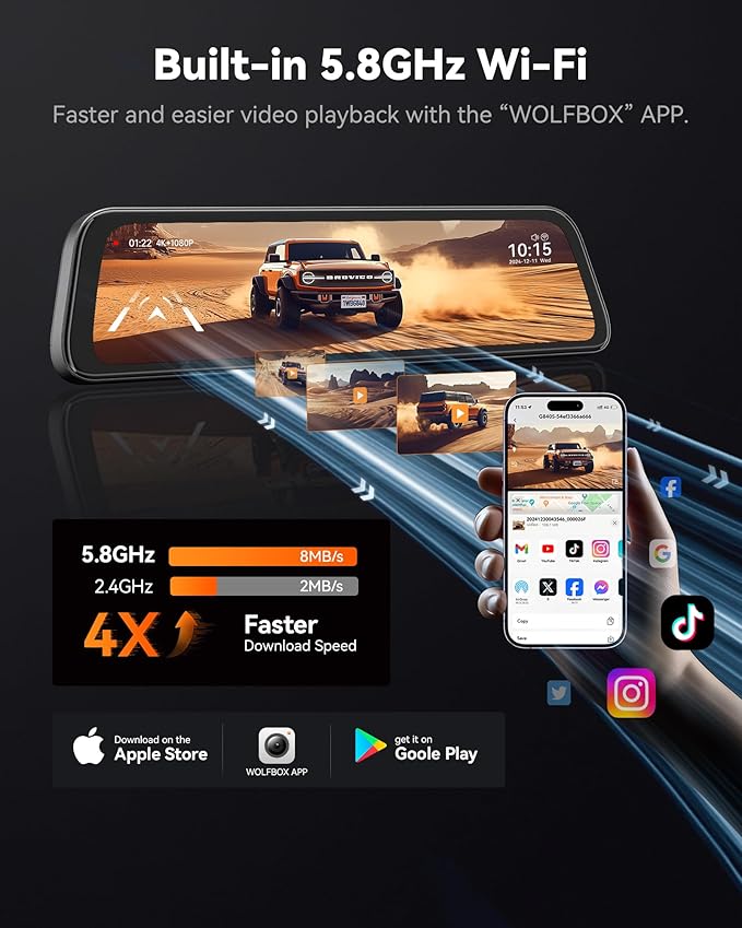 WOLFBOX G840S 12" 4K Mirror Dash Cam Backup Camera, 5.8GHz WiFi Smart Rearview Mirror for Cars & Trucks, Front and Rear View 