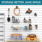 4 Pack Large Slatwall Baskets Set, Ventilated Metal Hanging Storage Slat Wall Basket, Mounted Slatwall Accessories for Garage
