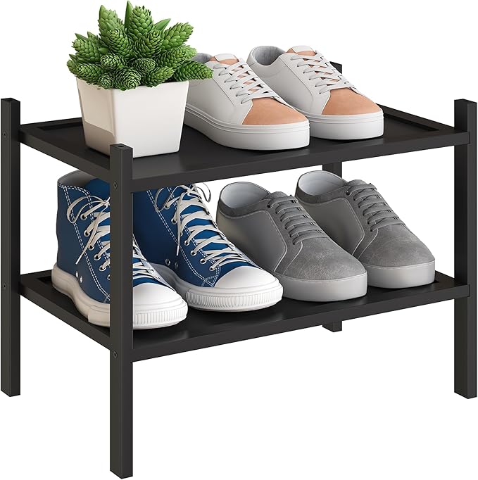 BMOSU 2-Tier Bamboo Small Shoe Rack Premium Stackable Shoe Shelf Storage Organizer for Hallway Closet Living Room Entryway Or