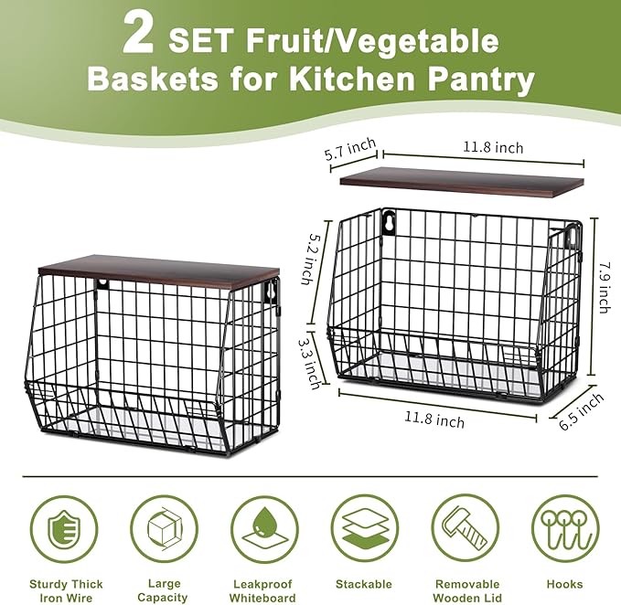 Wawocs Fruit Basket for Kitchen Counter 2 Tier Fruit Bowl, Stackable Wall Mounted Hanging Fruit Basket Wire Baskets with Wood