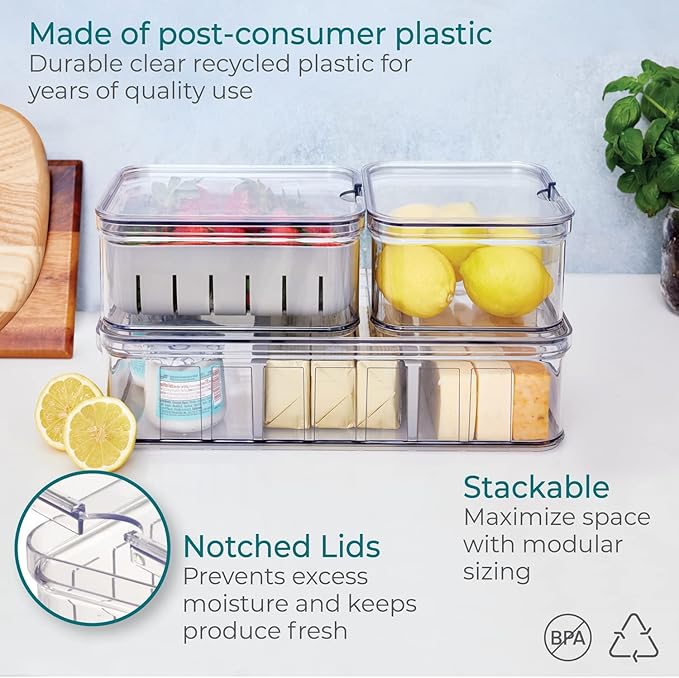iDesign Crisp 3-Piece Recycled Plastic Refrigerator Organizer Bin Set with Lids, Clear/Gray