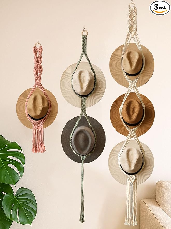 Boho Hat Organizer Rack, Macrame Hat Hanger, Handmade Hat Holder for Wall Hanging, Hat Storage for Wide-Brim Hats, Bohemian H