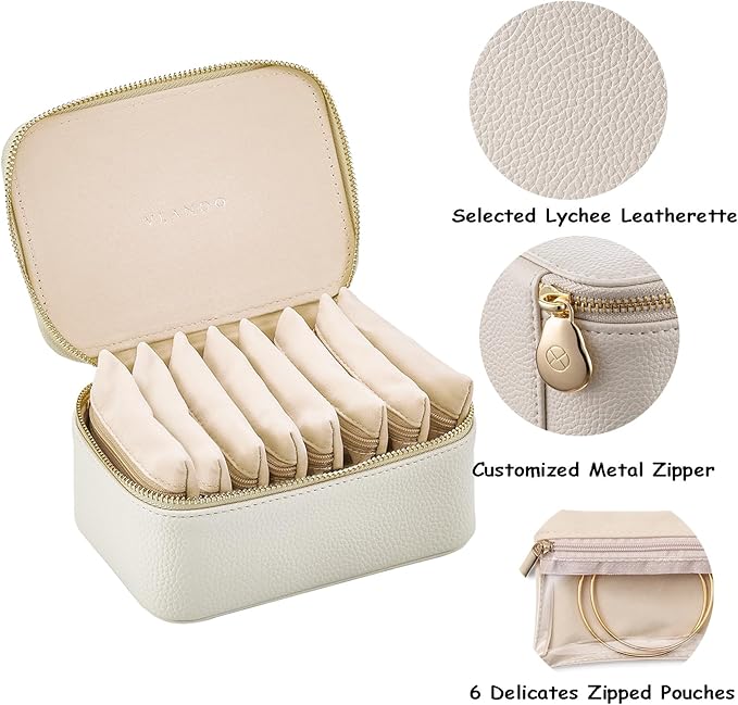 VLANDO Travel Jewelry Box Organizer – Portable PU Leather Jewelry Case with 6/8/12 Zippered Pouches, Compact Storage for Earr