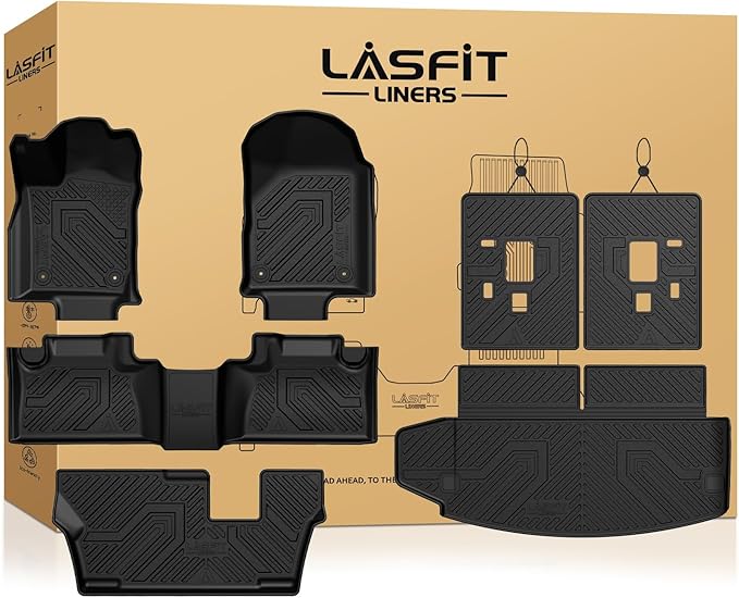 LASFIT Floor Mats&Trunk Mat&Backrest Mats for Dodge Durango 2016-2026, Fit 2nd Row Bench Seat(7seats), Not for 2nd Row Bucket Seat(6seats/5 Seats), All Weather TPE Custom Fit Cargo Liner, Black