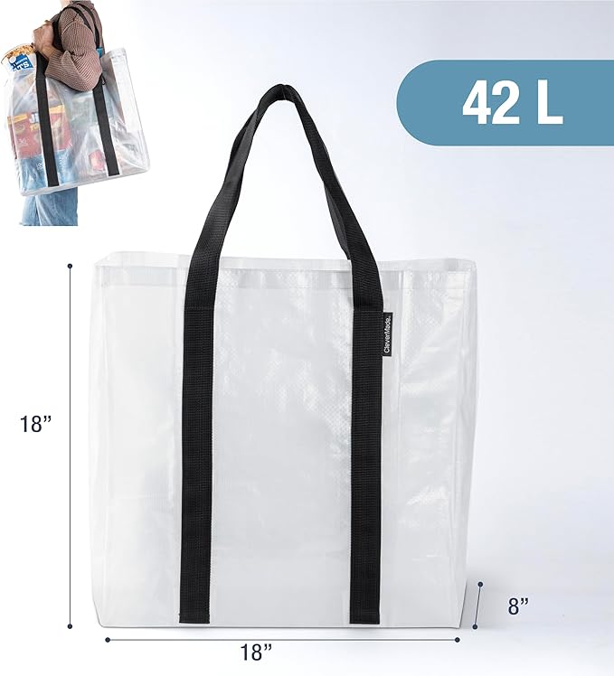CleverMade Tall Frakta Reusable Grocery Tote - 42L - Pack of 2 - Transparent - Collapsible Storage Shopping Organizer - Heavy