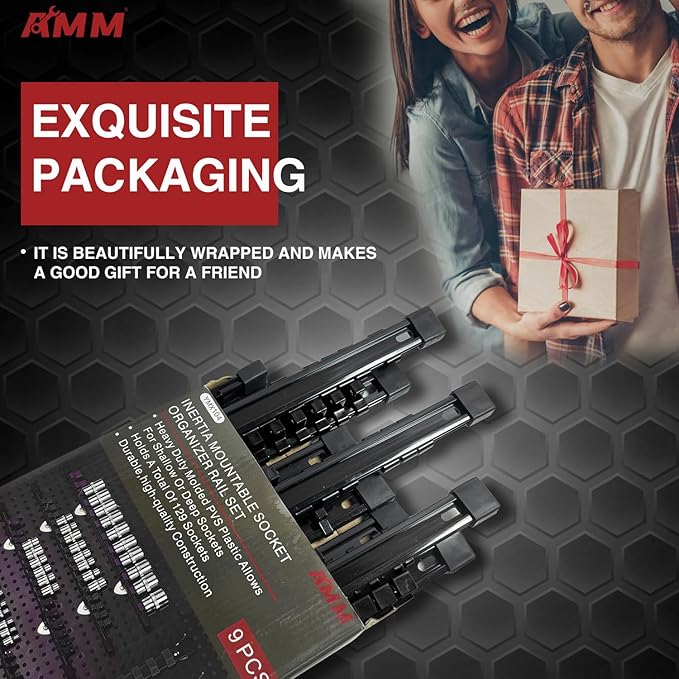 AMM 9-Piece Socket Organizer, 1/2 inch, 3/8 inch and 1/4 inch Drive ABS Tools-Black Socket Holder,Heavy Duty Socket Racks, Pr