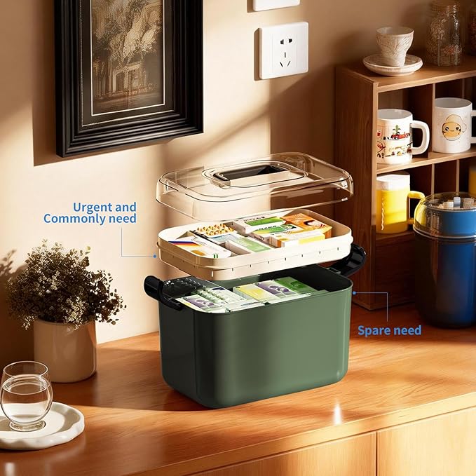 2 Tiers Medicine Organizer - Portable Medicine Storage Box with Handle, Large Capacity Plastic Medical Cabinet, Multipurpose 