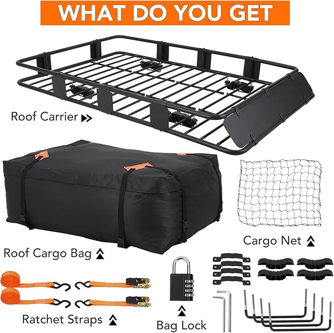 Heavy Duty Roof Rack Basket 64" x 39" - Adjustable Rooftop Cargo Carrier for SUV/Truck/Van w/Waterproof Bag, 200LB Capacity Universal Steel Roof Basket