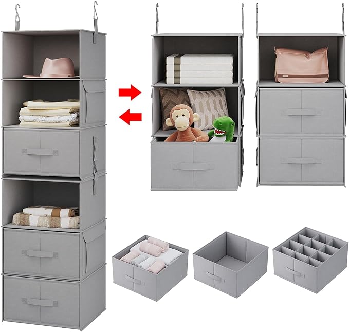 Vailando 6-Tier Hanging Shelves for Closet, Two 3-Shelf Hanging Closet Organizer w/ 4 Side Pockets and 3 Drawers, Combinable 