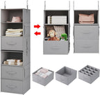 Vailando 6-Tier Hanging Shelves for Closet, Two 3-Shelf Hanging Closet Organizer w/ 4 Side Pockets and 3 Drawers, Combinable 