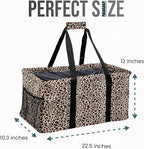 Extra Large Utility Tote Bag - Oversized Collapsible Reusable Wire Frame Rectangular Canvas Basket With Two Exterior Pockets For Beach, Pool, Laundry, Car Trunk, Storage - Leopard