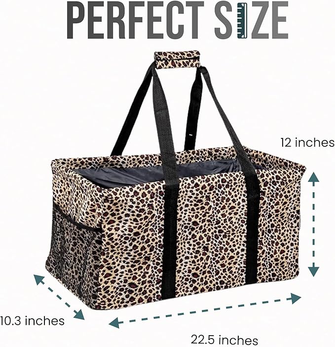 Extra Large Utility Tote Bag - Oversized Collapsible Reusable Wire Frame Rectangular Canvas Basket With Two Exterior Pockets For Beach, Pool, Laundry, Car Trunk, Storage - Leopard