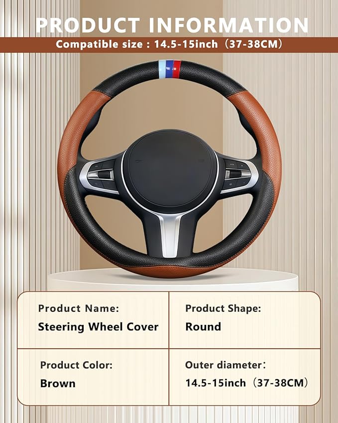 Steering Wheel Cover for BMW Leather Car Steering Wheel Covers Universal for Car SUV Truck with Anti-Slip Lining 14.5-15inch 