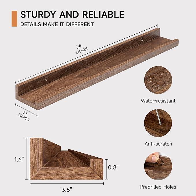 Fun Memories Picture Ledge Shelf, 24 Inch Floating Shelves Set of 2, Nursery Book Shelves for Toys Storage, Kids Bookshelf Wa
