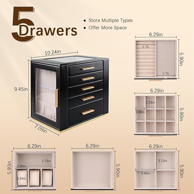 Homeanda Jewelry Box for Women with Glass Lid, 5 Drawers Jewelry Organizer and Storage for Necklaces, Rings, Earrings, Bracel
