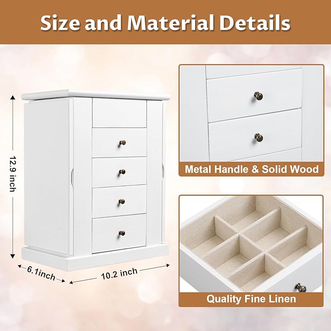 Emfogo Jewelry Box for Women, 5 Layer Large Wood Jewelry Boxes & Organizers for Necklaces Earrings Rings Bracelets, Rustic Je