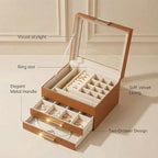 Jewelry Box Organizer with Glass Lid, 3-Layer with Double Drawers, Luxury Velvet Lined Desktop Display Case for Earrings Ring