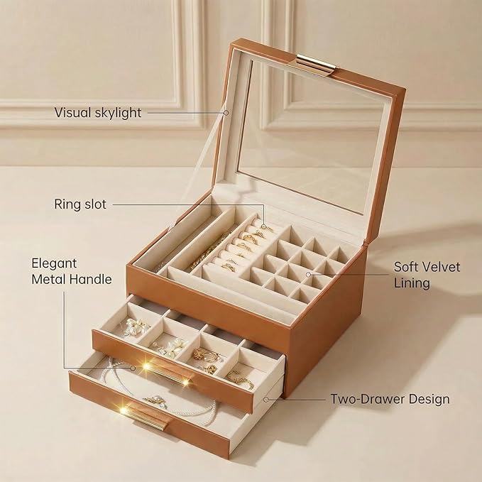 Jewelry Box Organizer with Glass Lid, 3-Layer with Double Drawers, Luxury Velvet Lined Desktop Display Case for Earrings Ring