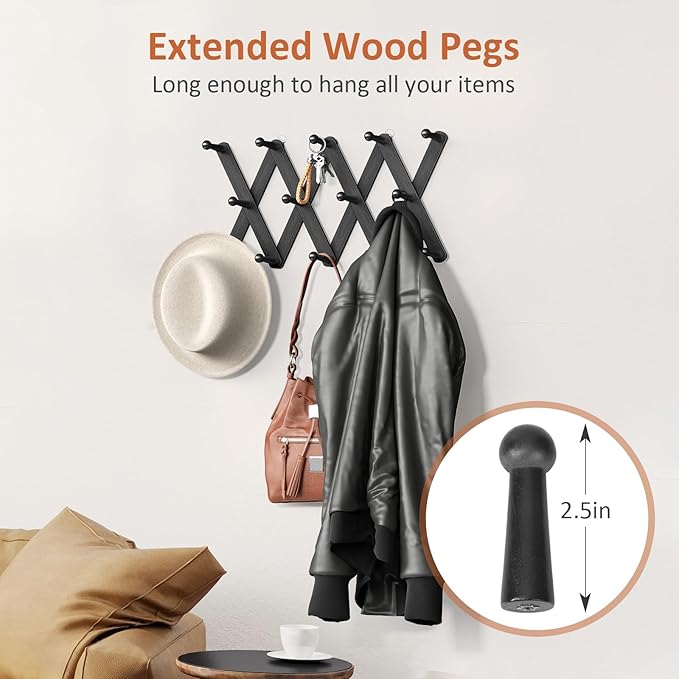 Accordion Wall Hanger, Hat Rack for Wall with 14 Coat Hooks, Expandable Hat Hangers Organizer, Vintage Decorative Coat Rack W