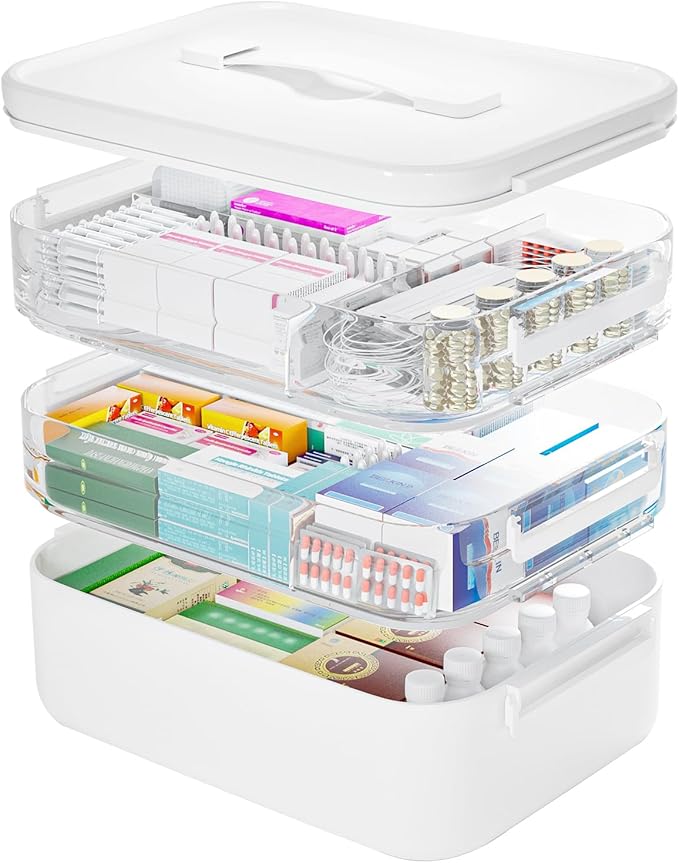 TERGOO 3-Tier Medicine Cabinet Organizer, Portable Medicine Storage Box with Handle, Empty First Aid Kit for Home