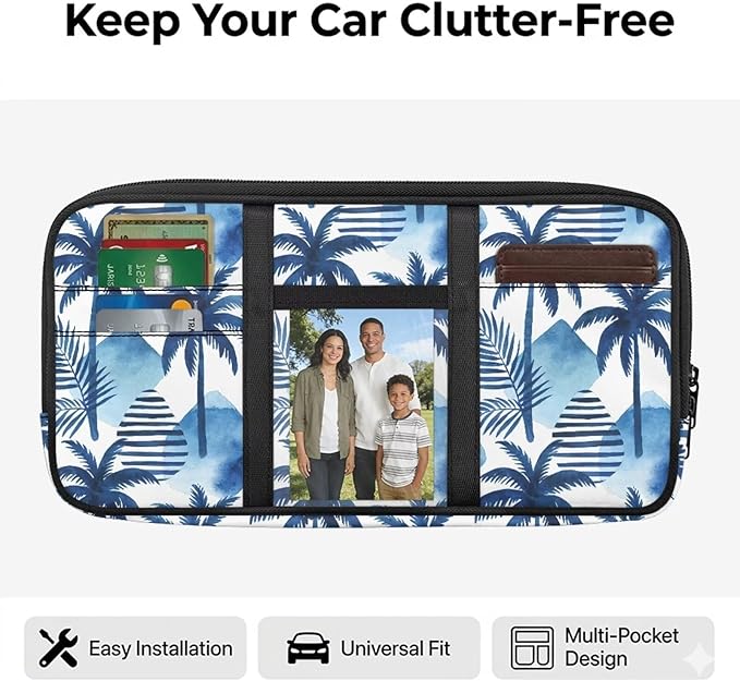 Sun Visor Organizer for Trucks,Blue Coconut Tree Car Essentials Tool Pack with Zipper Pockets Tactical Panel Adjustable Straps Auto Visor Storage Pouch