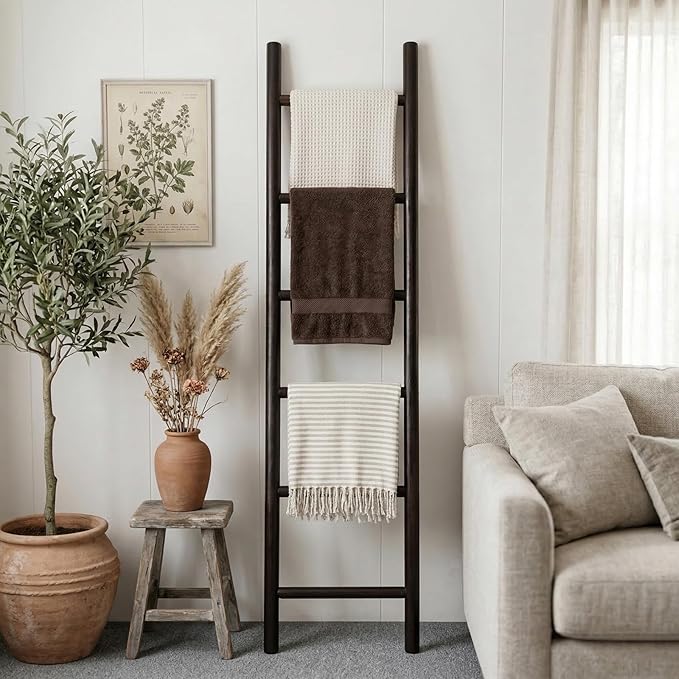 Wooden Blanket Ladder - 76in Natural Wood Color- Leaning Wall Decor for Bedroom, Bathroom, Living Room - Rustic Quilt Holder 