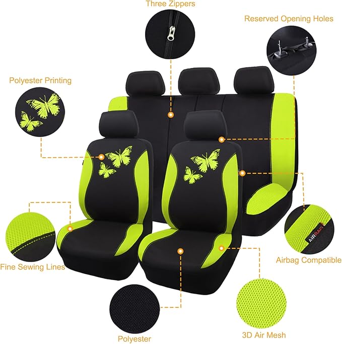 Flying Banner Butterfly car seat Covers ful Set Fashion Universal Lady Woman Female Rear Bench Split Colorized (Green, Full S