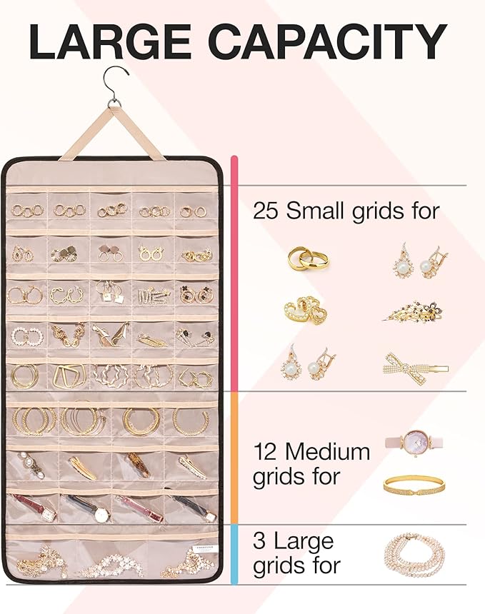 BAGSMART Hanging Jewelry Organizer Storage Roll with Hanger Metal Hooks Double-Sided Jewelry Holder for Earrings, Necklaces, 