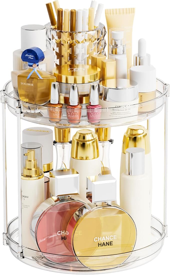Yieach Clear 360 Rotating Bathroom Counter Organizer,2 Tier Spinning Perfume Organizer and Makeup Tower for Lotion,Hair,Face 