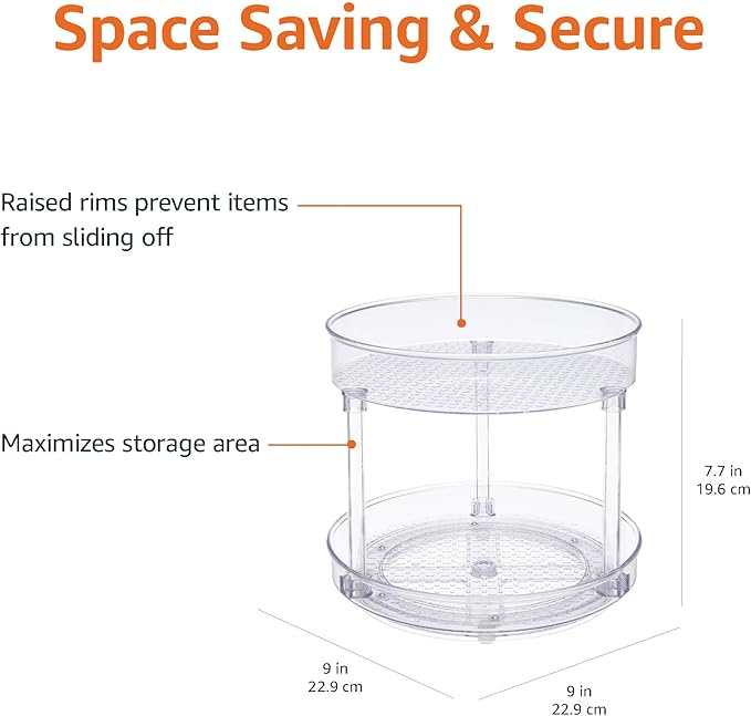 Amazon Basics Lazy Susan Turntable Organizer for Spices and Condiments, 9" Diameter, 2 Tier, Clear