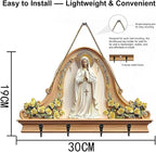 2D Flat Virgin Mary Praying Wall Art Keychain Holder, Rustic Wooden Key Rack with 4 Metal Hooks, Farmhouse Religious Decor fo
