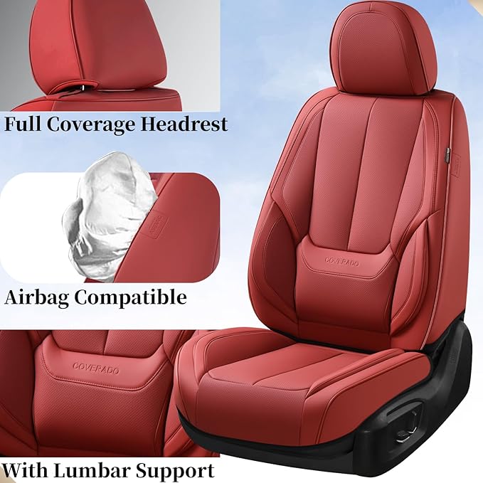 Coverado Car Seat Covers Full Set, Car Seat Protector Waterproof, Nappa Leather Car Seat Cushion, Red Seat Covers for Cars, F