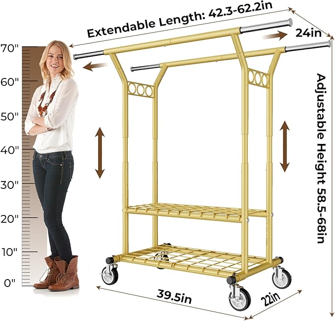 HYSEYY Heavy Duty Clothes Rack, Rolling Clothing Racks With Shelves Load 620 LBS, Double Rod Clothing Racks for Hanging Cloth