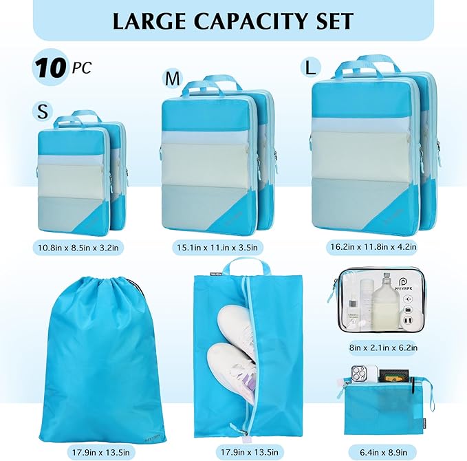 PFEYRPK Lightweight Compression Packing Cubes for Suitcases, Compressible Expandable Travel Packing Organizer with Clear Toil
