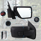 Right Passenger Side Mirror Fits 2021-2026 Ford F150 With Manual Folding Power Glass Heated Blind Spot Turn Signal Puddle Light Temperature Sensors Matte Black Replace#ML3Z17682SA(13Pins)