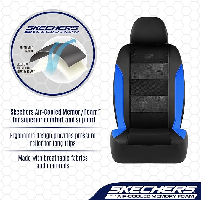 Skechers Aircooled & Memory Foam Seat Covers,Premium Leather with EVA Mesh Car Seat Covers,Seat Cover Full Sets,Airbag Compat