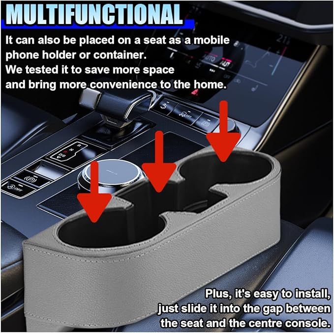 Car Cup Holder, PU Leather Auto Front Console Gap Filler Organizer, Multifunctional Cup Drink Holder, Car Seat Gap Filler Storage Box, Coin Bucket, Cell Mobile Phone Holder (Grey)