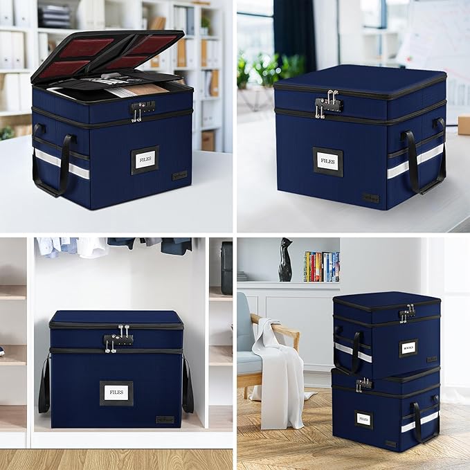 ETRONIK Fireproof Document Box with Lock, 2-Layer File Box Storage Organizer with 5 Tabs& Insert, Portable File Cabinet Stora