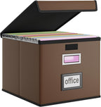 Huolewa Faux Leather File Organizer Box with Lid, Collapsible Hanging File Folder Box Organizer with Plastic Slides, Decorati
