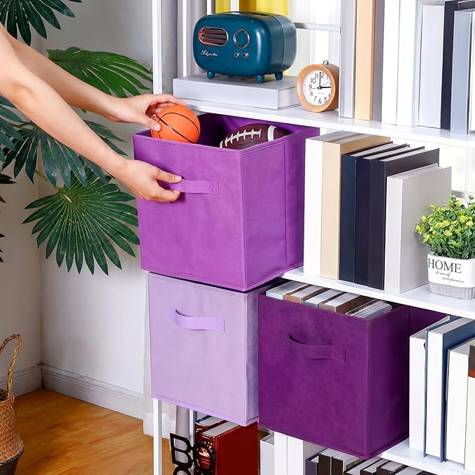 Karenhi 11" x 10.5" x 10.5" Purple Storage Cube, 6 Pack Fabric Cube Storage Bins Organizer Box, Collapsible Baskets with Hand