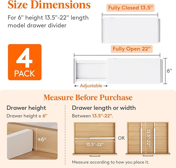 Lifewit 4 Pack 6" High Drawer Dividers 34-56cm/13.5-22" Adjustable Drawer Organizer for Clothes/Utensils, Expandable Drawer S