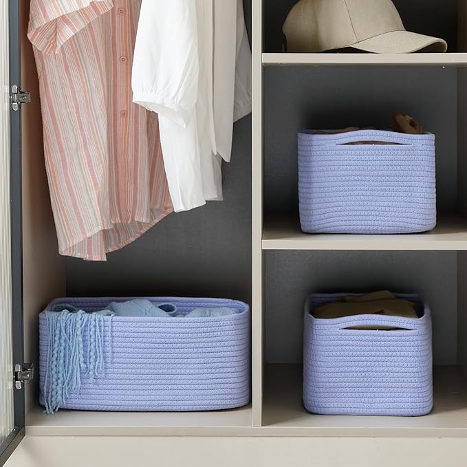 3-Pack Storage Baskets for Organizing | Woven Shelf Toy Basket | Rope Baskets for Gifts Empty | Closet Organizer Bins with Ha