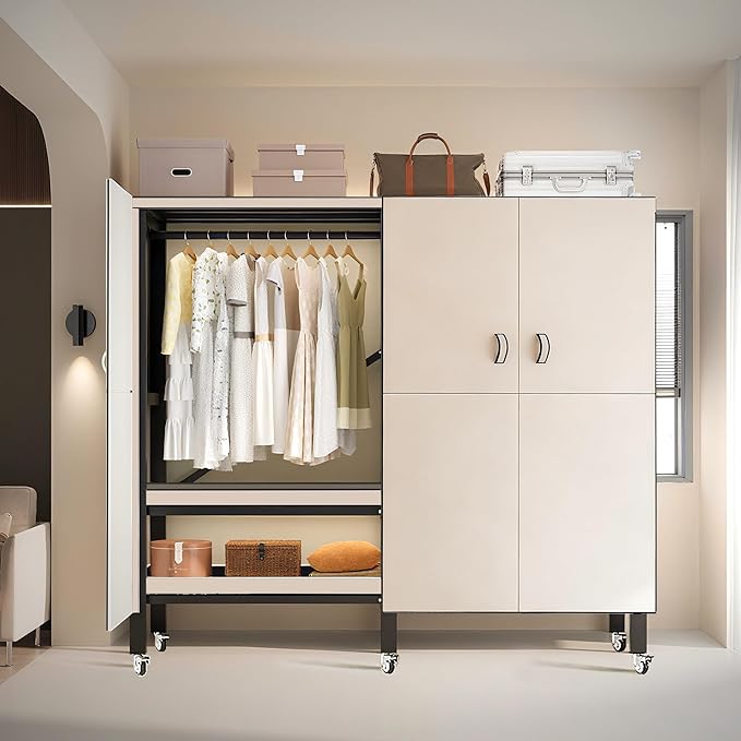 YTLEMON Heavy Duty Clothes Rack with Magnetic Door, Metal Foldable Covered Clothes Rack, Portable Wardroobe Closet System for