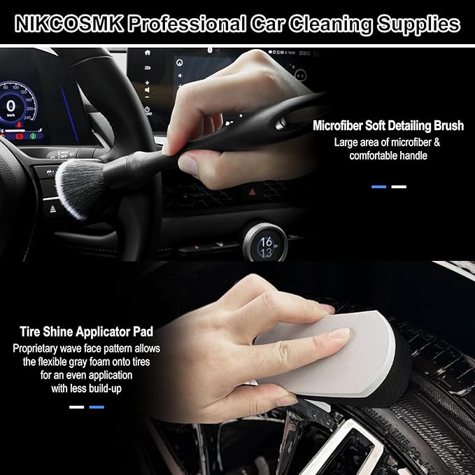 9Pcs Car Wheel & Tire Brush Kit, Wheel Cleaner Brush, Soft-bristled Rim Brush, Car Drying Towel (36"x 24"), Tire Shine Applic