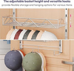 SWTYMIKI Over Door Hat Organizer - 5 Tier Wall Mounted Hat Rack with 4 Adjustable Metal Basket Heights Design and 3 Hooks, Ba