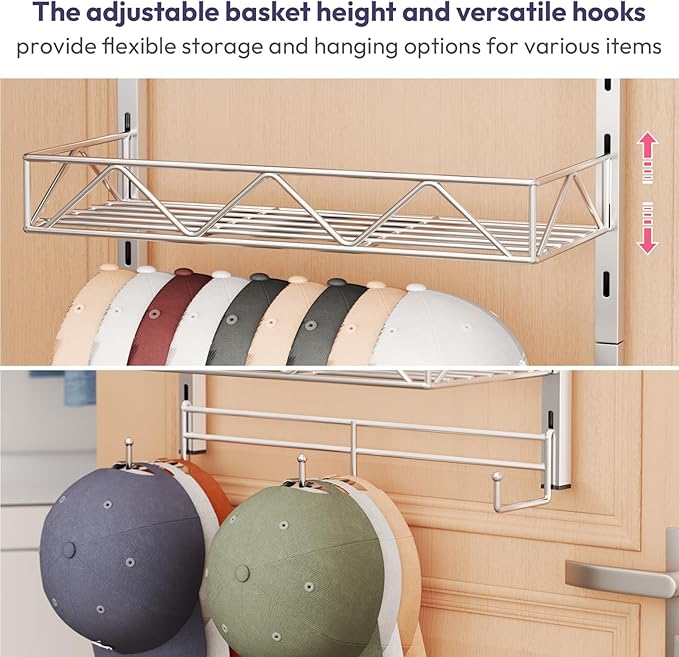SWTYMIKI Over Door Hat Organizer - 3 Tier Wall Mounted Hat Rack with 2 Adjustable Metal Basket and 3 Hooks, Hanging Baseball 