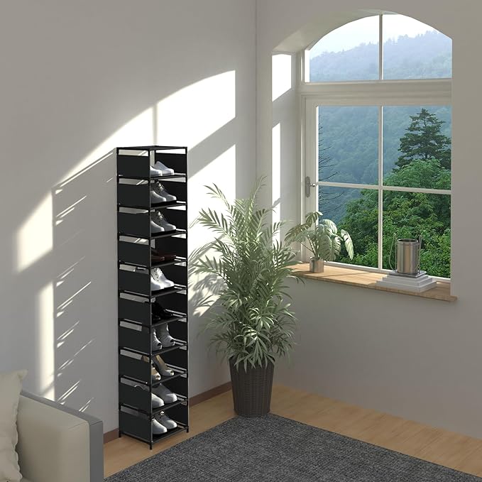 Vertical Shoe Rack, 10 Tier Narrow Shoe Rack for Closet & Entryway, Space Saving Tall Shoe Organizer for Small Spaces, Sturdy