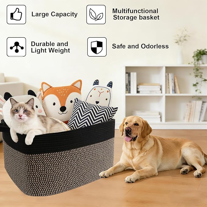 96L Large Blanket Basket,24"x16"x15"Rectangle Storage Bin with Handles,Woven Rope Laundry Basket for Toys, Clothes,Magazines,