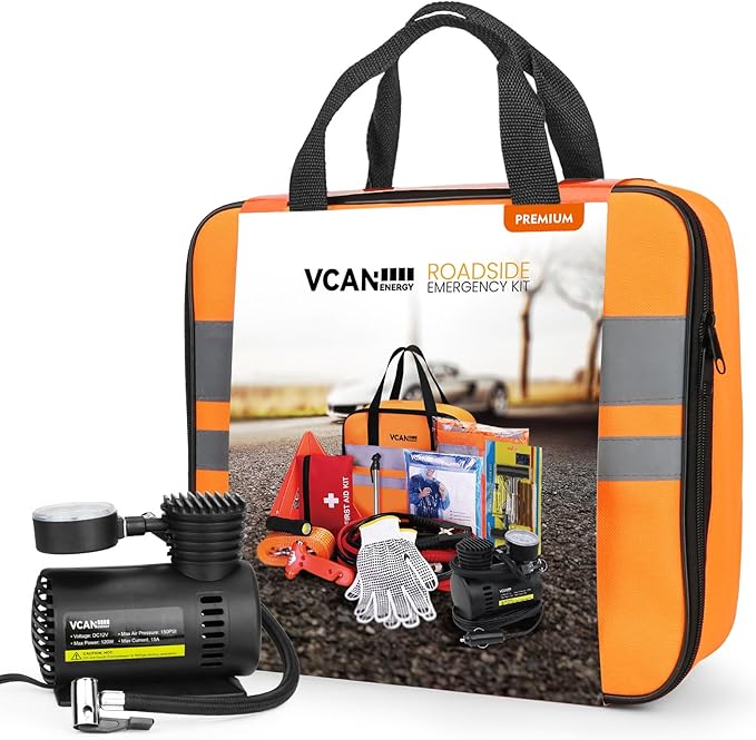 Car Emergency Safety Kit Bag with Portable Air Compressor, Jumper Cables,First Aid Kit, Tire Pressure Gauge, Auto Vehicle Saf