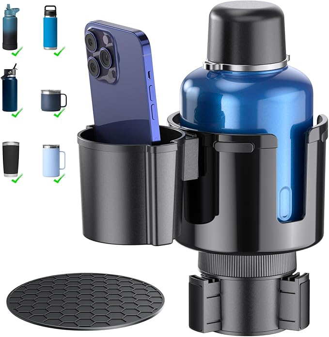 2-in-1 Car Cup Holder Expander, Upgraded Cup Adapter for Car with Offset Option,Phone Holder - Adjustable Base,Versatile Car 